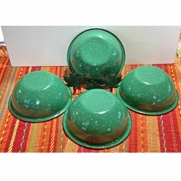 Enamelware 6" Bowls Four Dark Green Speckle EUC - Picture 2 of 3